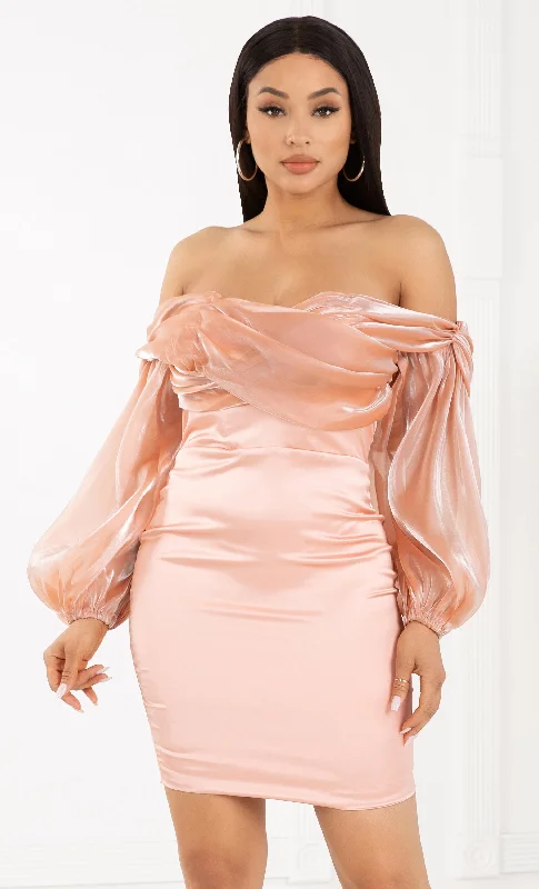 Missed Me Blush Pink Satin Organza Overlay Off The Shoulder Strapless Long Puff Lantern Sleeve Bodycon Mini Dress