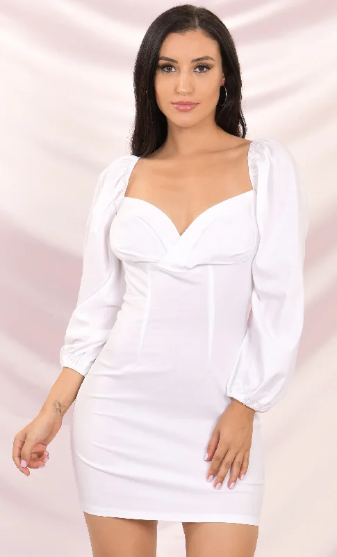 Poetry In Motion White Puff Long Sleeve Sweetheart Neckline Bodycon Mini Dress