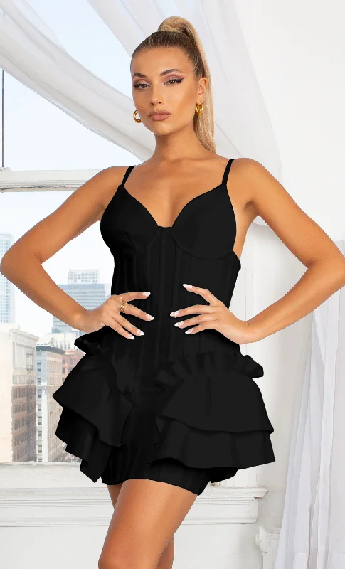 Pretty Girl Black Spaghetti Strap Sleeveless Striped V Neck Triangle Ruffle Peplum Hip Mini Bodycon Dress