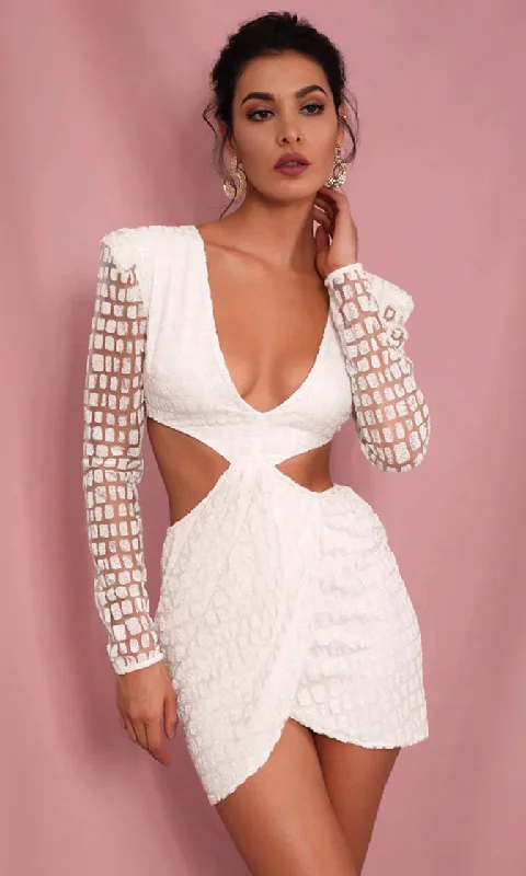 Remember Me Always White Glitter Geometric Pattern Long Sleeve Cut Out Sides Open Back Plunge V Neck Bodycon Mini Dress