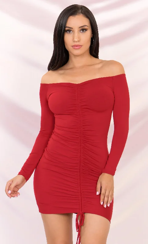 Savage Love Wine Burgundy Red Drawstring Long Sleeve V Neck Ruched Bodycon Mini Dress