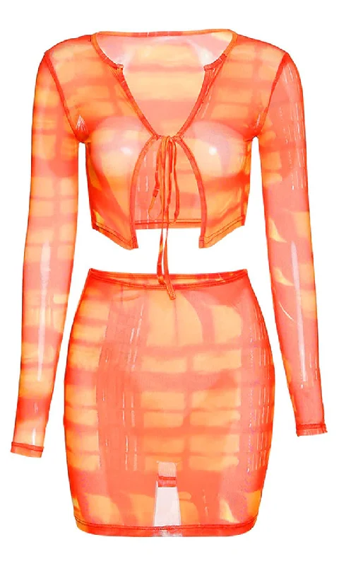 Sheer Imagination Tie Dye Pattern Sheer Mesh Long Sleeve Scoop Neck Tie Crop Top Bodycon Two Piece Casual Mini Dress