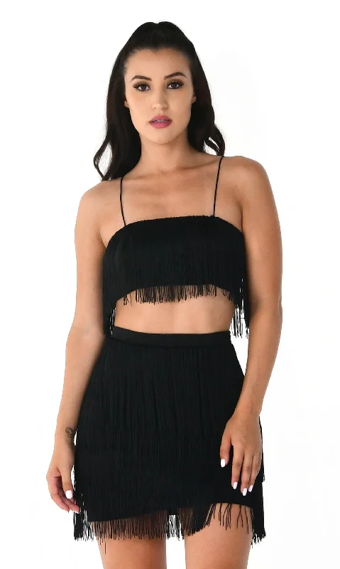 Shot Caller Black Sleeveless Spaghetti Strap Fringe Crop Top Bodycon Two Piece Mini Dress