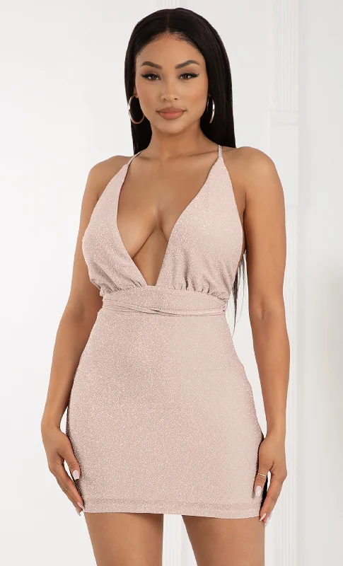 Special Moment Beige Glitter Lurex V Neck Open Back Spaghetti Strap Sleeveless Tie Criss Cross Waist Bodycon Mini Dress