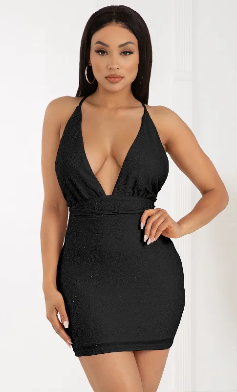 Special Moment Black Glitter Lurex V Neck Open Back Spaghetti Strap Sleeveless Tie Criss Cross Waist Bodycon Mini Dress