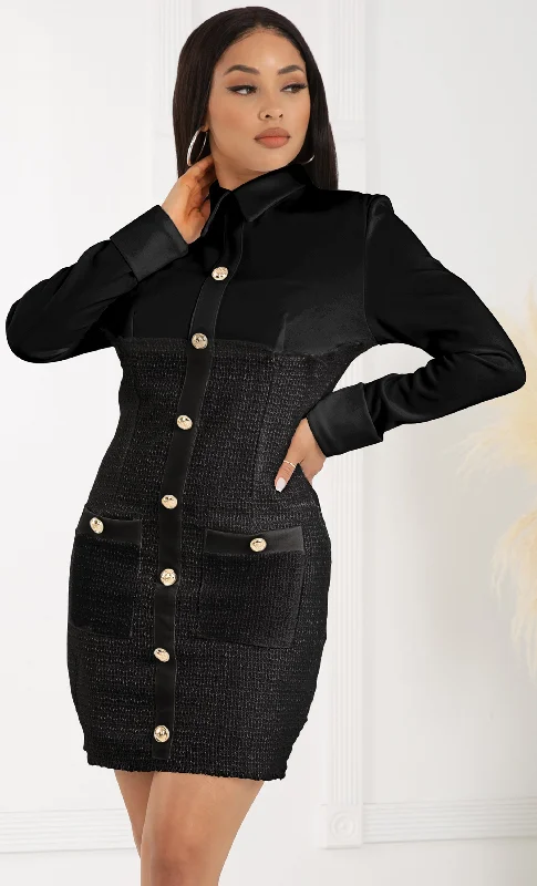 You'll Know My Name Black Tweed Long Sleeve Turn Back Cuff Button Front Collar Bodycon Mini Dress