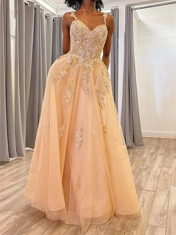 A Line Open Back Champagne Lace Tulle Long Prom Dress, Champagne Lace Formal Graduation Evening Dress