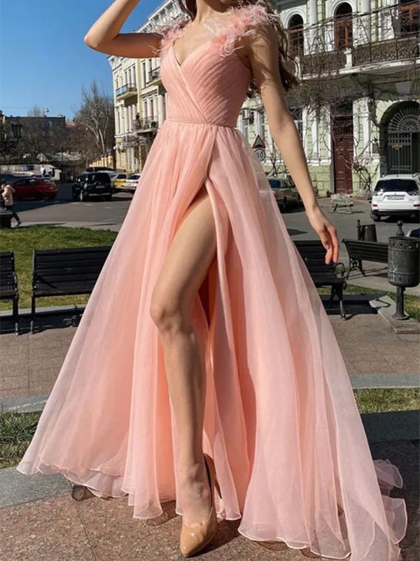 A Line Pink Tulle Long Prom Dresses With Leg Slit, Pink Tulle Long Formal Evening Dresses