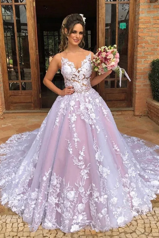 A-line Sleeveless V Neck Tulle Appliques Pink Long Prom Wedding Gown JKM311