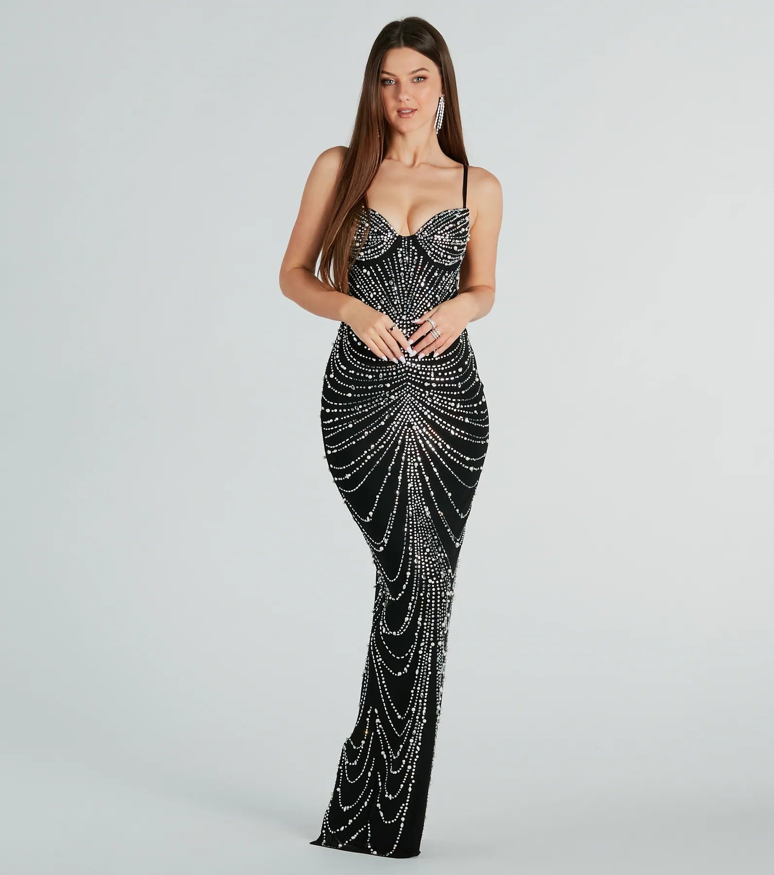 Aubrie Formal Rhinestone And Pearl Mesh Long Dress