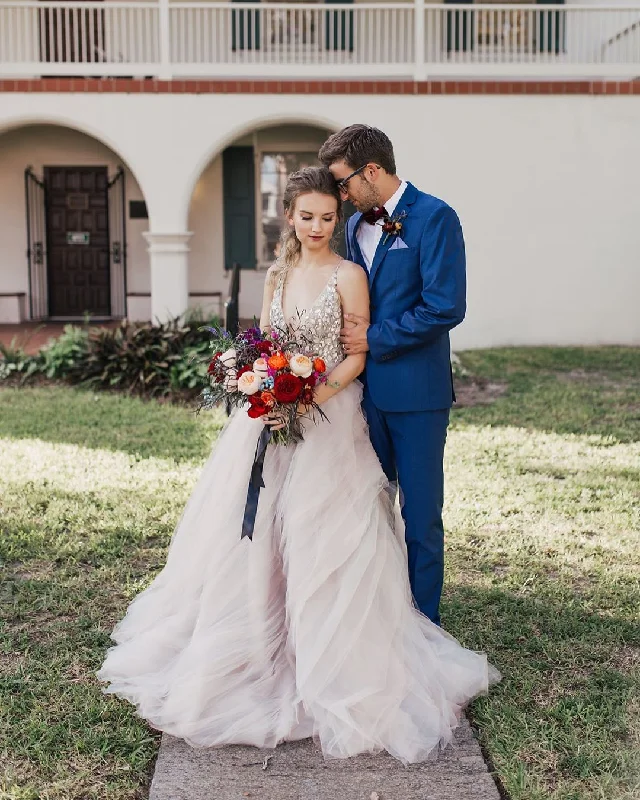 Ball Gown Sexy Deep V-Neck Beaded Bodice Rustic Wedding Dress,JKZ6121