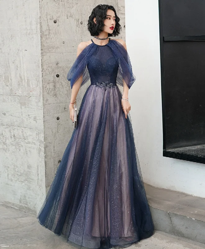 Blue Tulle Sequin Long Prom Dress Blue Tulle Evening Dress