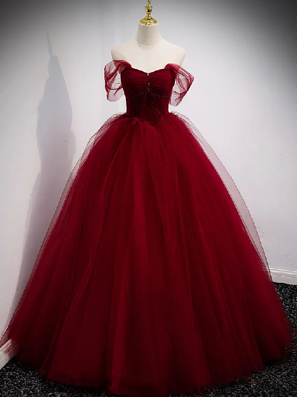 Burgundy Off Shoulder Tulle Long Prom Dress, Burgundy Formal Dress