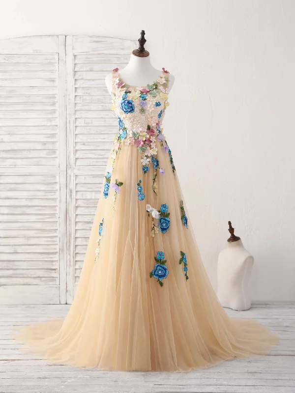 Champagne Tulle Lace Applique Long Prom Dress, Evening Dress