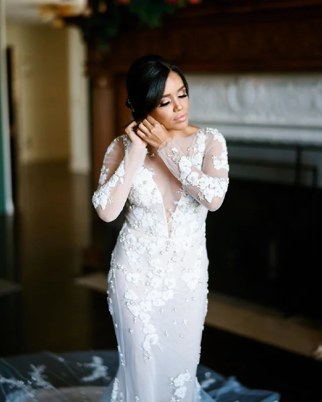 Chic Embroidery Appliques Long Sleeve Romantic Mermaid Wedding Dress,JKZ6131