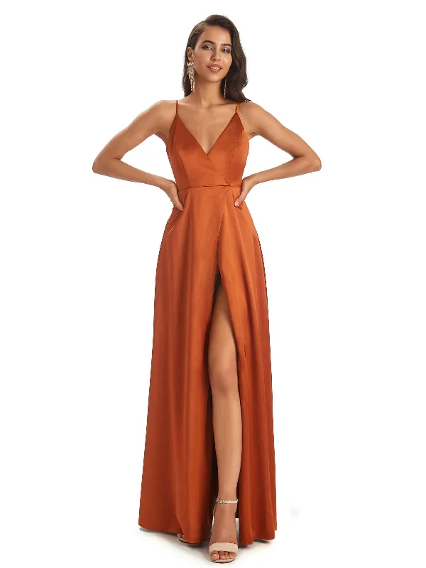 Spaghetti Straps V-neck Soft Satin Side Slit Long Modern Bridesmaid Dresses Online