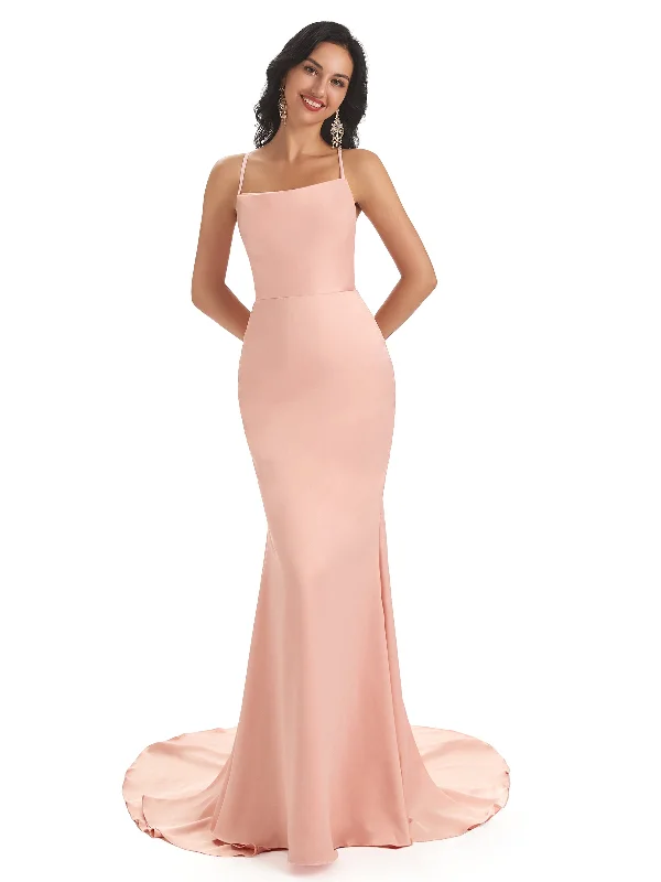 Sexy Backless Spaghetti Straps Soft Satin Long Maxi Mermaid Bridesmaid Dresses