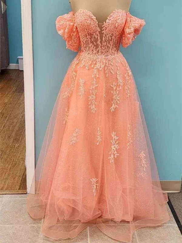 Coral Off Shoulder V Neck A Line Tulle Applique Lace-Up Back Long Prom Dress