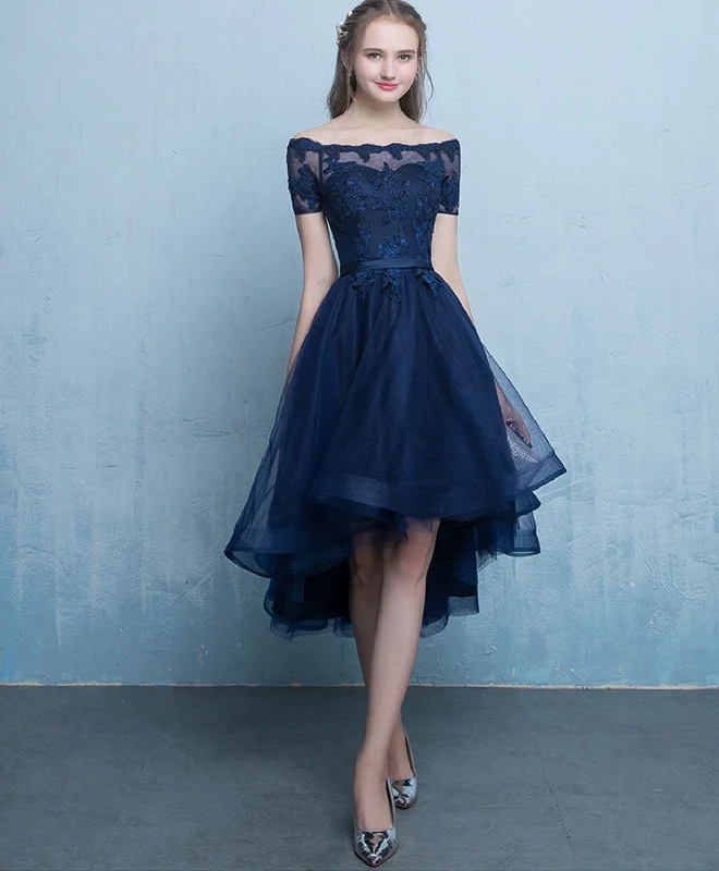 Dark Blue Lace Tulle Short Prom Dress, High Low Evening Dress