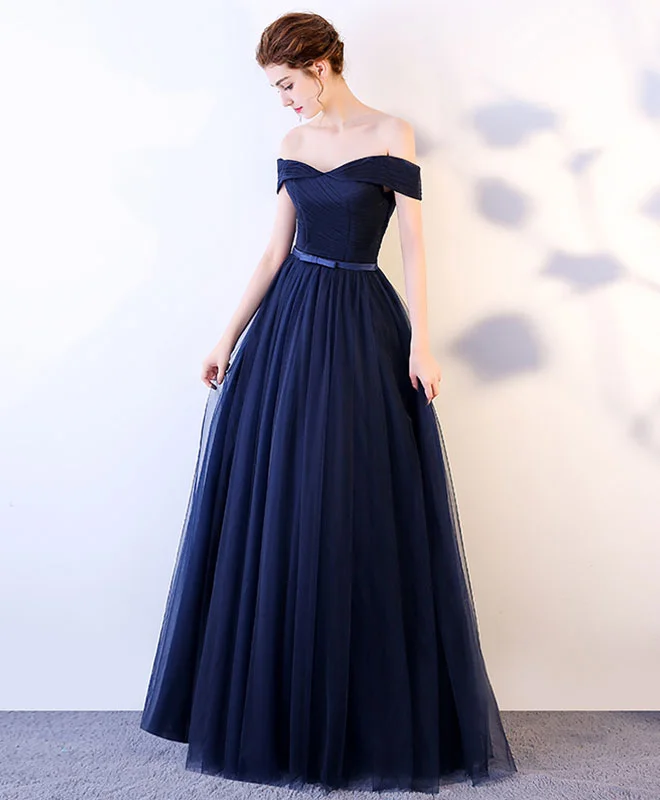 Dark Blue Long Prom Dress, Blue Tulle Bridesmaid Dresses