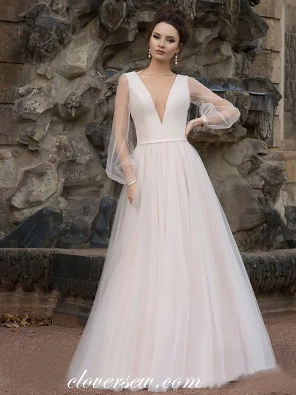 Dark Ivroy Tulle Long Puffy Sleeves A-line Wedding Dresses,CW0113