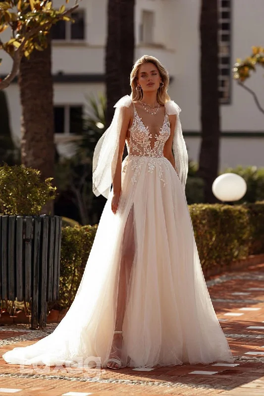 15702 - A Line Illusion V neck Lace Appliques Beach Wedding Dress