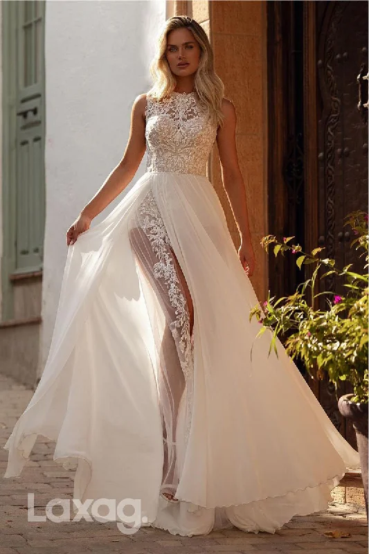 15704 - A Line Bateau Lace Boho Wedding Dress