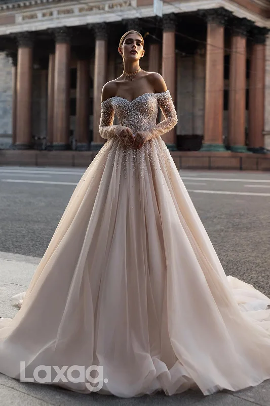 15709 - A Line Off Shoulder Pearls Long Sleeves Vintage Wedding Dress