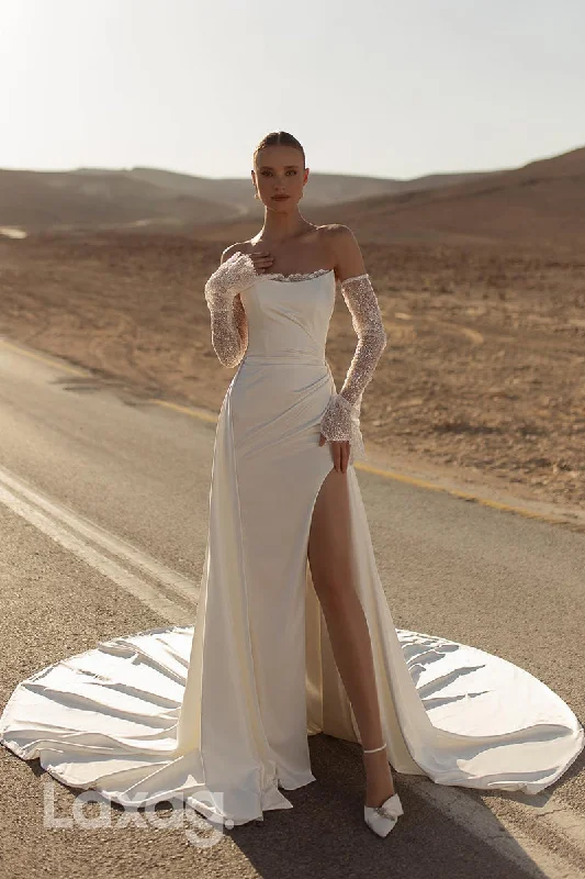 22346 - Strapless Lace Long Sleeves High Slit Wedding Dress with Detachable Train