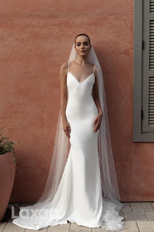 22349 - Spaghetti Straps Backless Sleek Satin Mermaid  Wedding Dress with Train