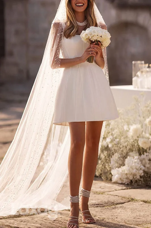 22652 - A-Line Square Sleek Satin Elegant Short Mini Wedding Dress