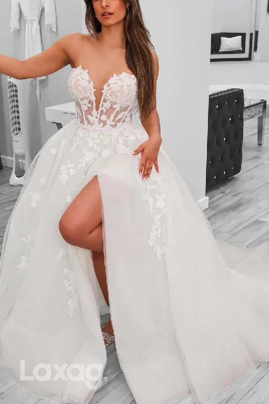 22718 - A-Line Sweetheart Appliques High Slit Wedding Dress with Train