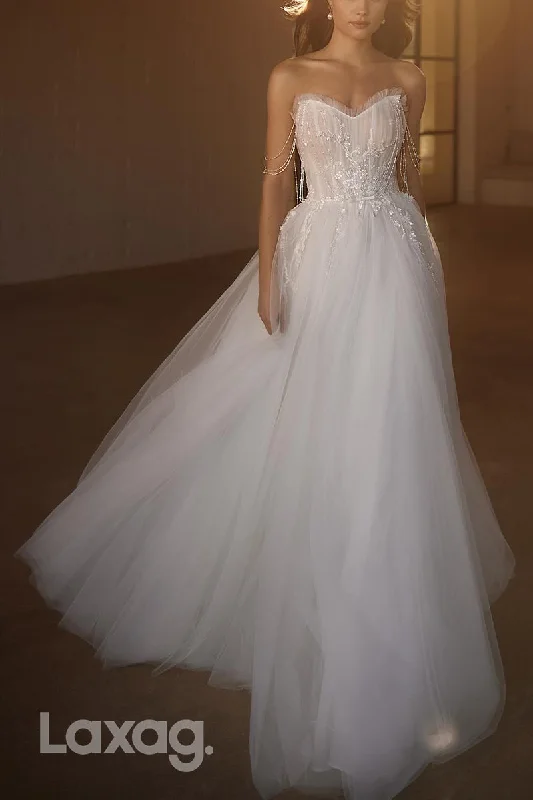 22720 - A-Line Off Shoulder Strapless Appliques Sequins Tulle Wedding Dress with Train