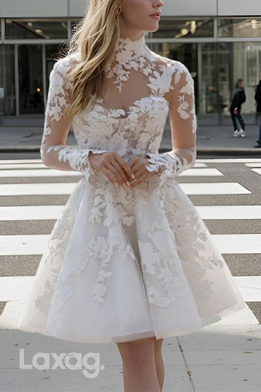 22781 - A-Line High Neck Long Sleeves Pearls Appliques illusion Tulle Wedding Dress