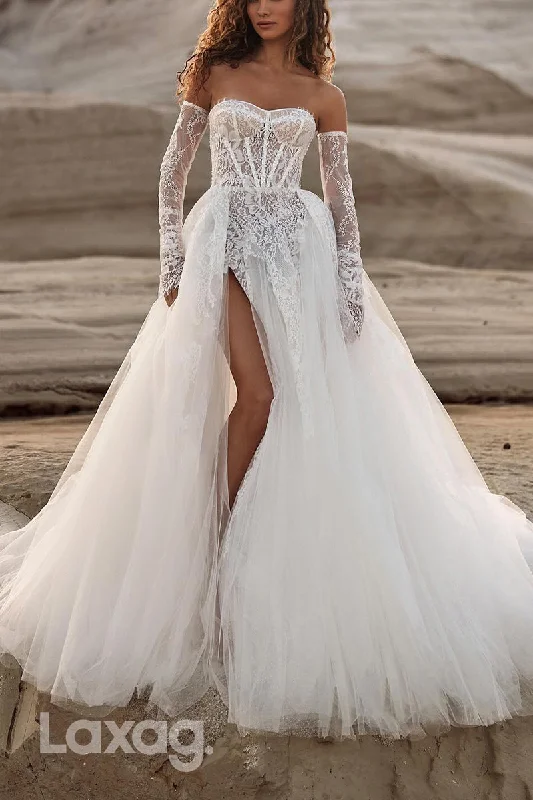 22783 - A-Line Sweetheart Long Sleeves Lace Tulle High Slit Wedding Dress with Train