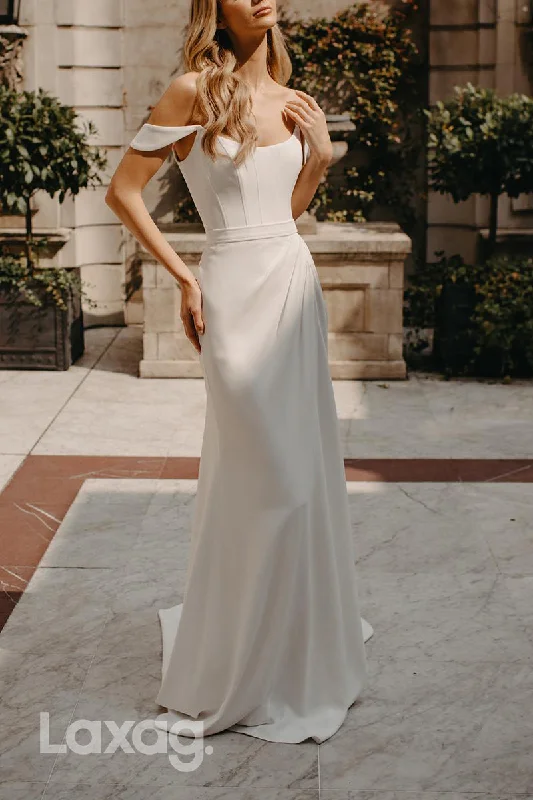 22790 - Off Shoulder Sleek Satin Mermaid Wedding Dress with Sweep Train