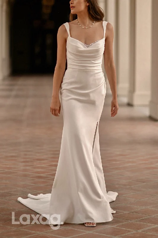 22861 - Straps Backless Pearls Sleek Satin Wedding Dress with Slit and Train