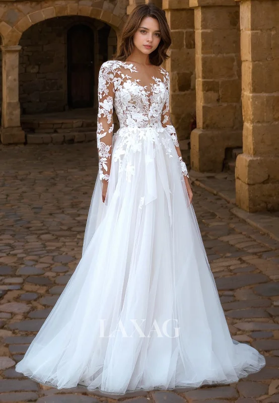 A-Line Long Sleeves Tulle Lace Elegant Wedding Dress with Train