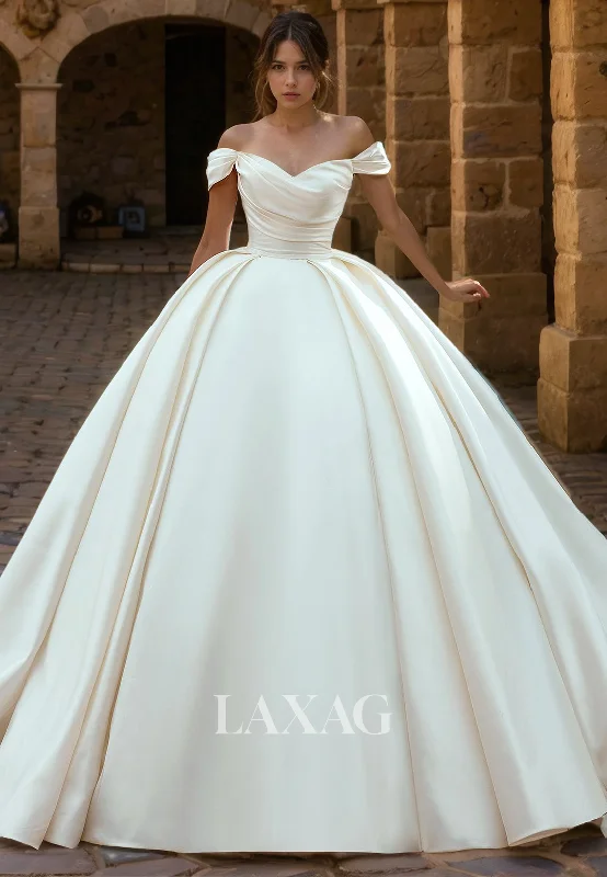 A-Line Off Shoulder Pleated Sleek Satin Elegant Wedding Dress with Train