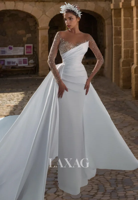 A-Line Long Sleeves Beaded Tulle Elegant Mermaid Wedding Dress with Train