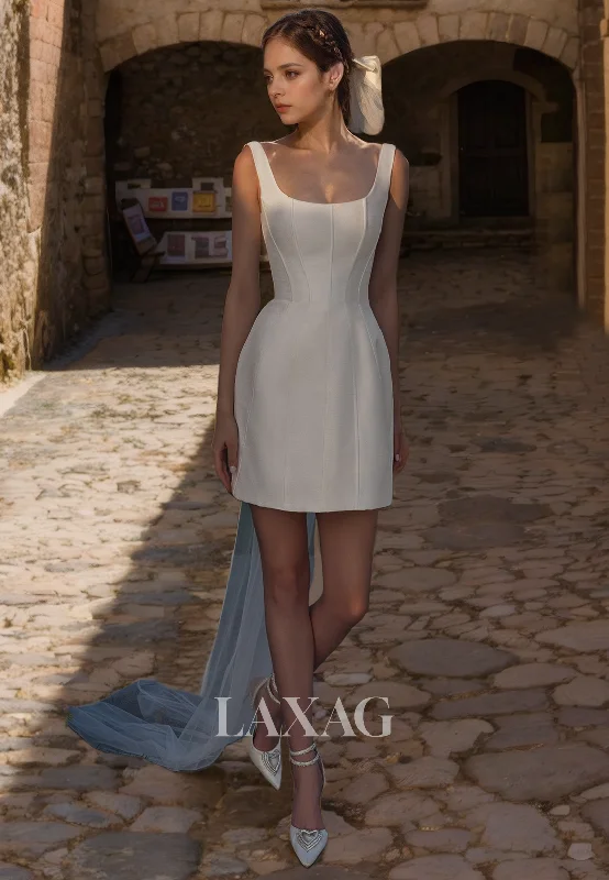 A-Line Square Sleeveless Sleek Satin Elegant Wedding Dress