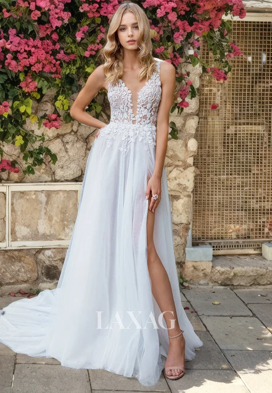 A-Line Straps Backless Sequins Tulle High Slit Wedding Dress with Train