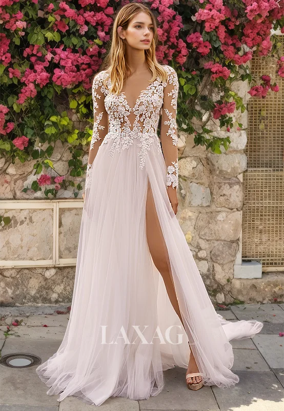 A-Line V-Neck Long Sleeves Backless Sequins Tulle High Slit Wedding Dress with Train