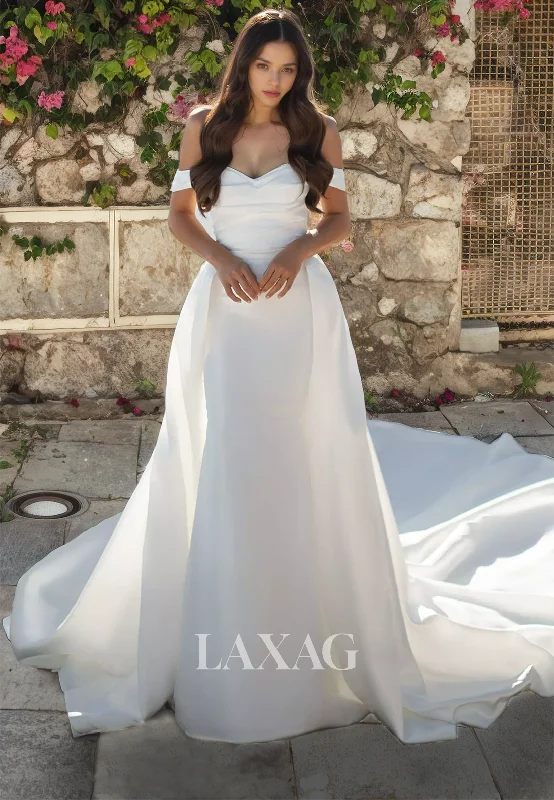 A-Line Off Shoulder Sleek Satin Elegant Mermaid Wedding Dress with Train