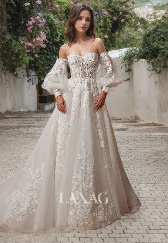 A-Line Off Shoulder Sweetheart Tulle Appliques Wedding Dress with Train