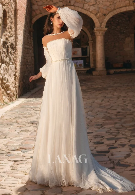 A-Line Long Sleeves Tulle Beaded illsuion Elegant Wedding Dress with Train