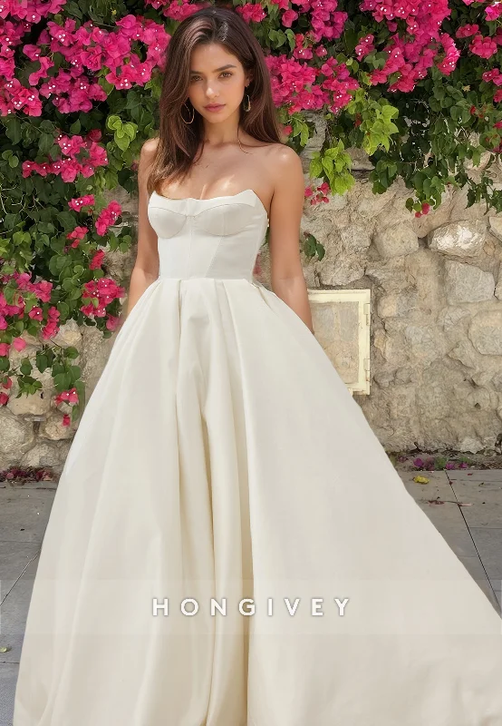 Satin A-Line Strapless Sleeveless Long Beach Wedding Dress