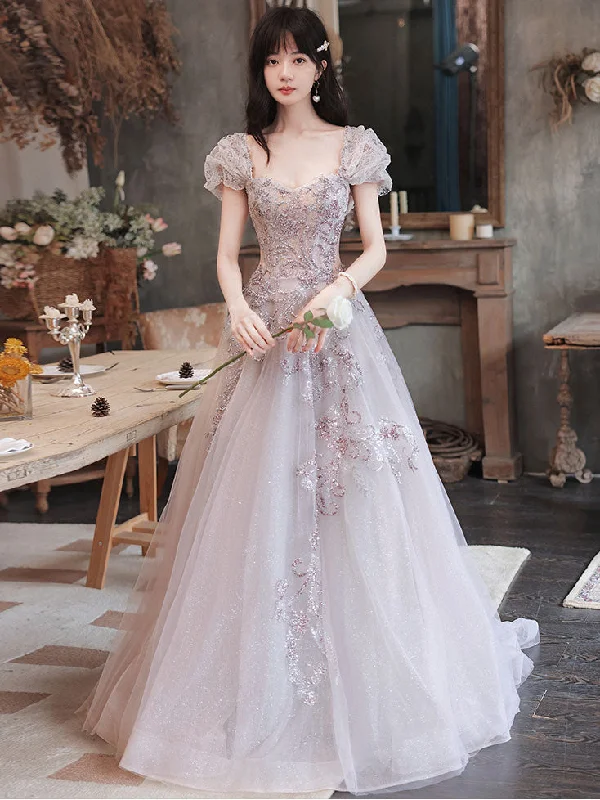 Elegant Tulle Sequin Beads Long Prom Dress Tulle Formal Dress