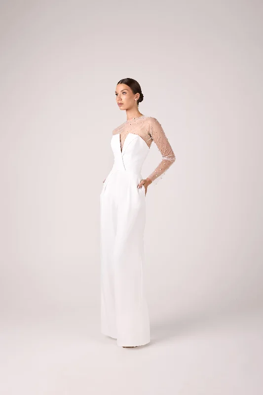 Elegant Wedding Crepe Jumpsuit with Tulle Top and Pearl Embellishments