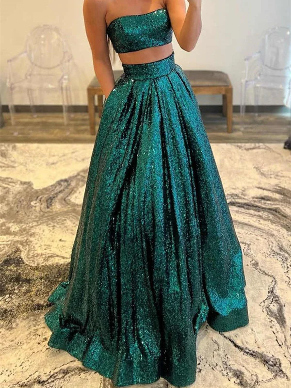 Emerald Green/Gold Sequins Two Piece Prom Dress with Pockets, Two Pieces Formal Evening Dresses